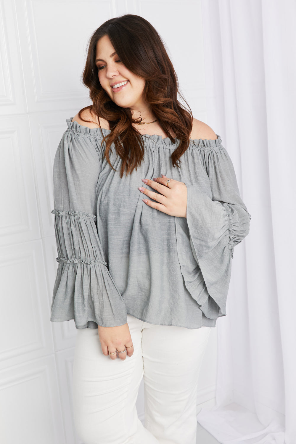 Full Size Frill Trim Off-Shoulder Blouse