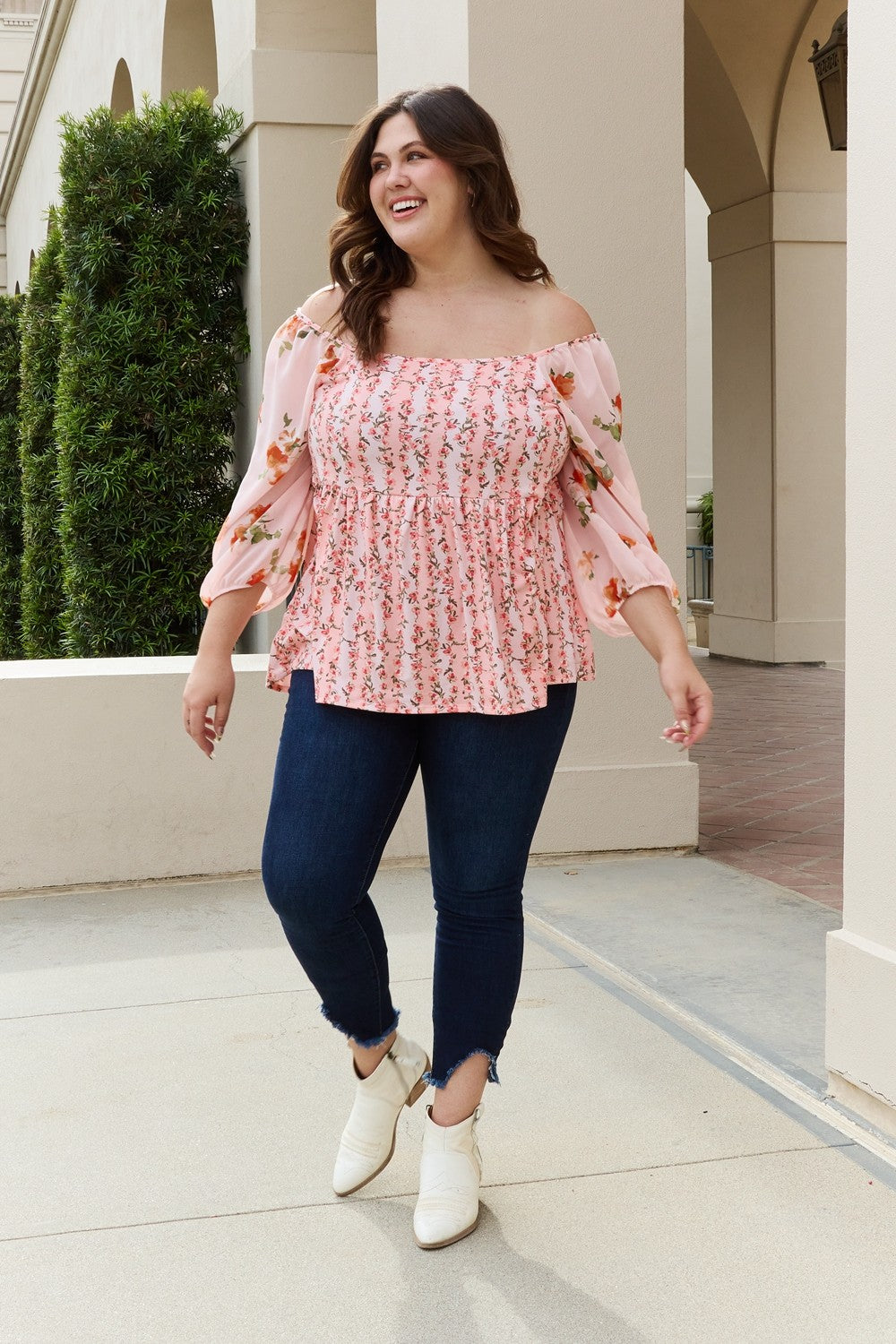 Full Size Floral Off-Shoulder Balloon Sleeve Blouse