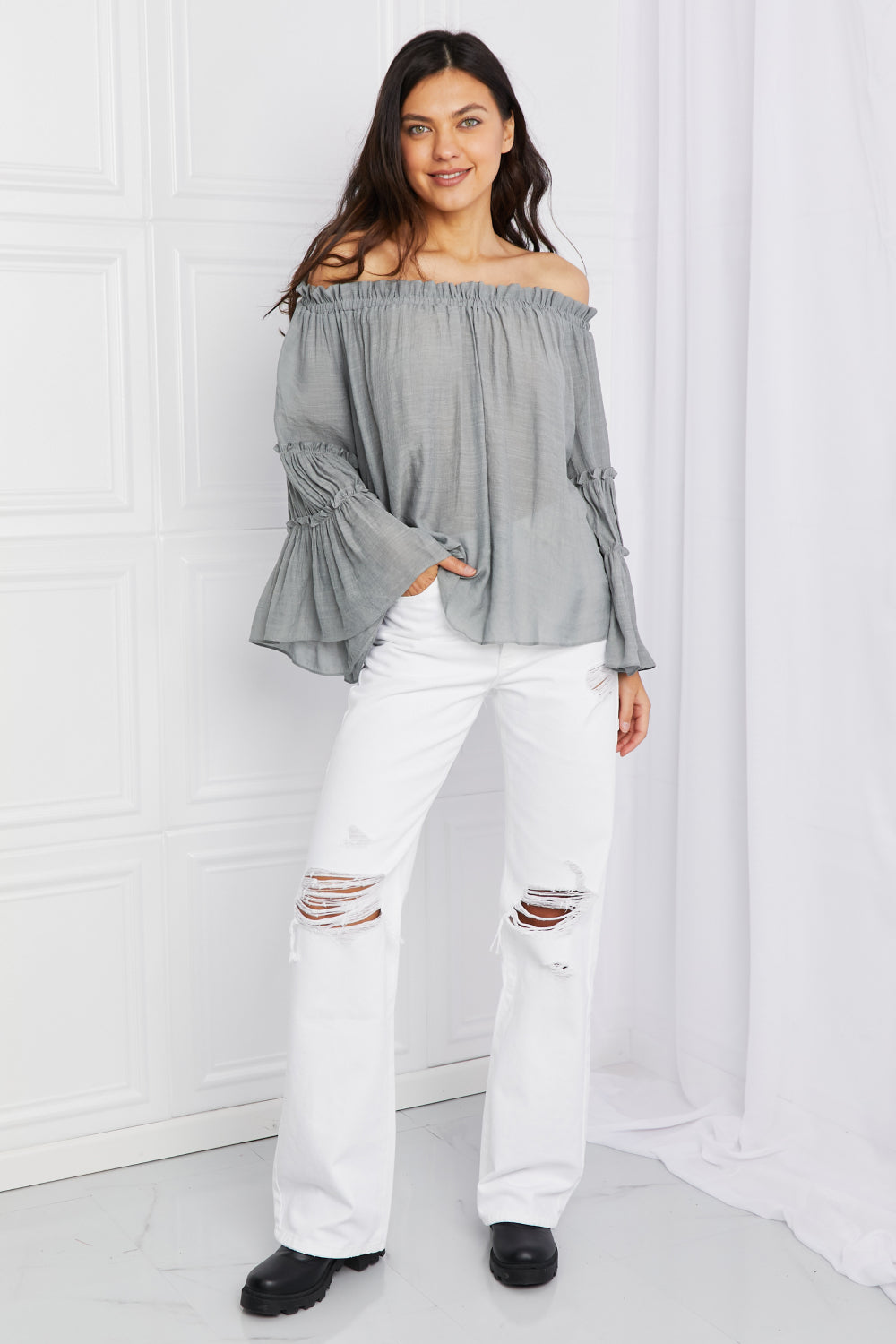 Full Size Frill Trim Off-Shoulder Blouse