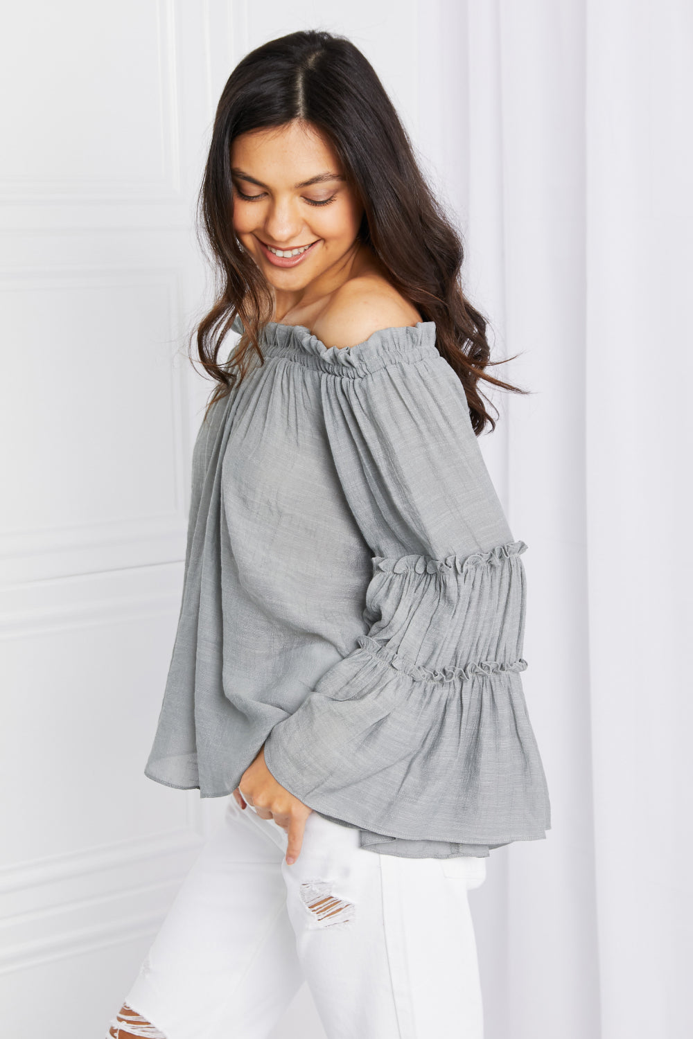 Full Size Frill Trim Off-Shoulder Blouse