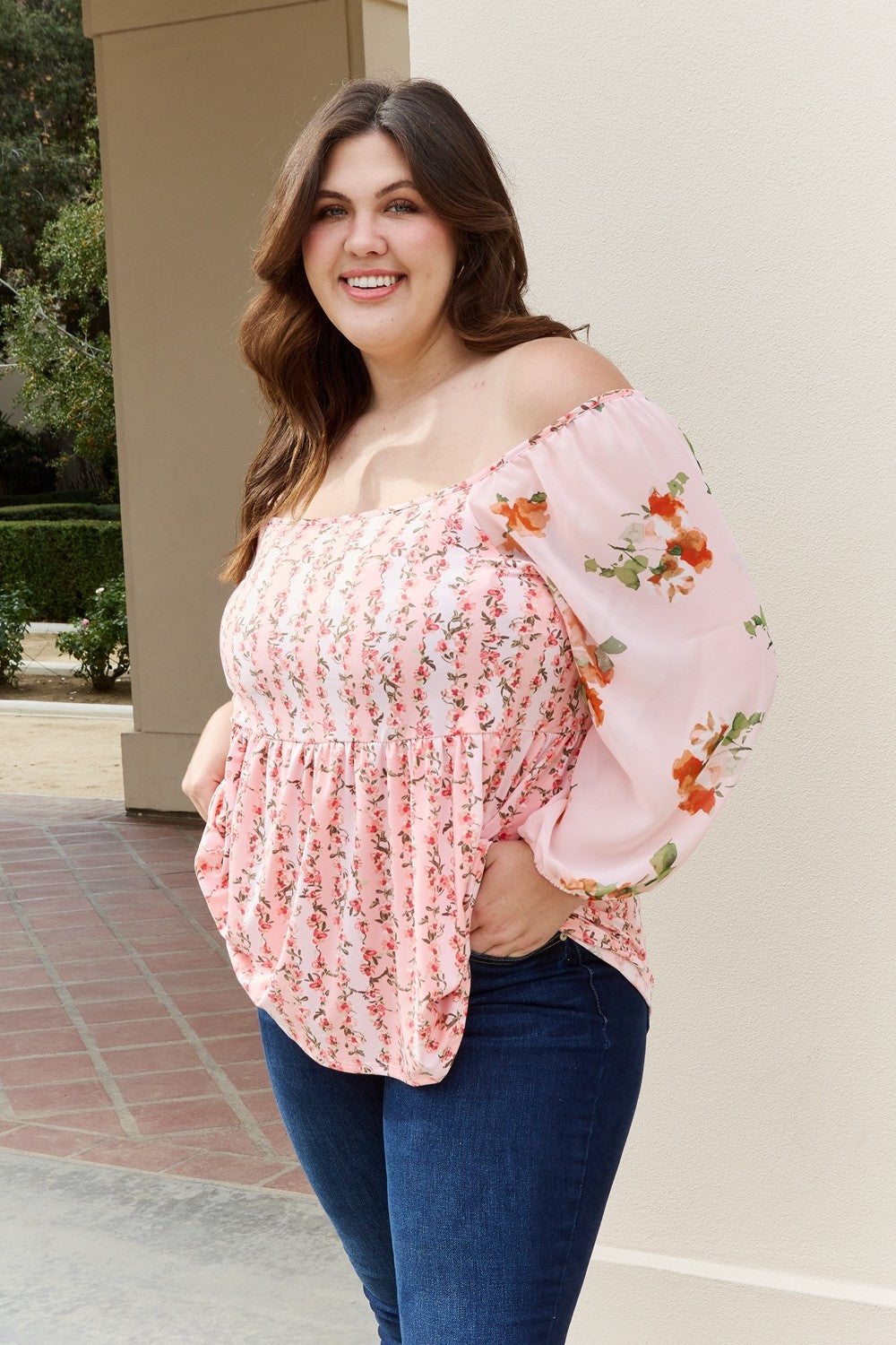 Full Size Floral Off-Shoulder Balloon Sleeve Blouse