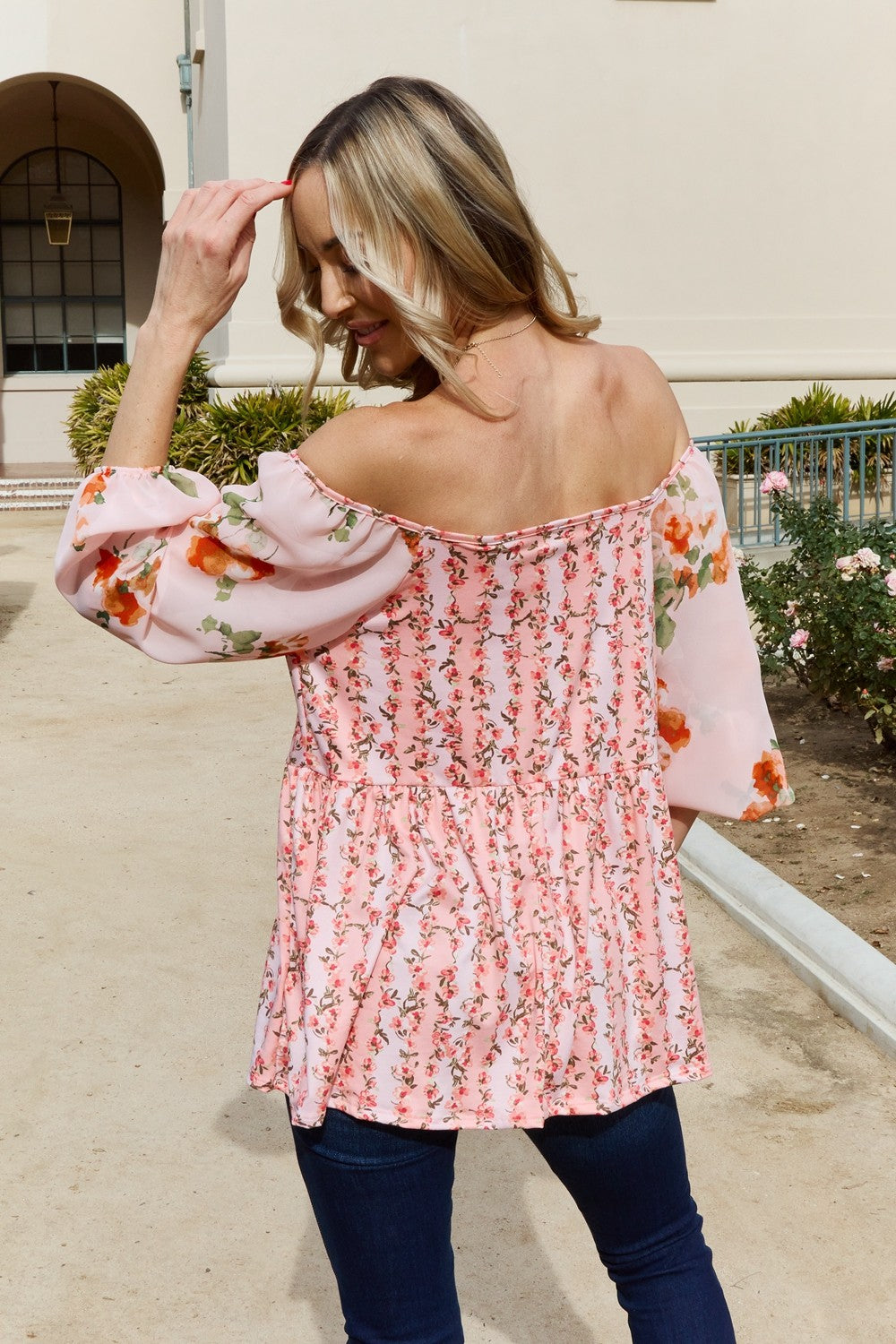 Full Size Floral Off-Shoulder Balloon Sleeve Blouse