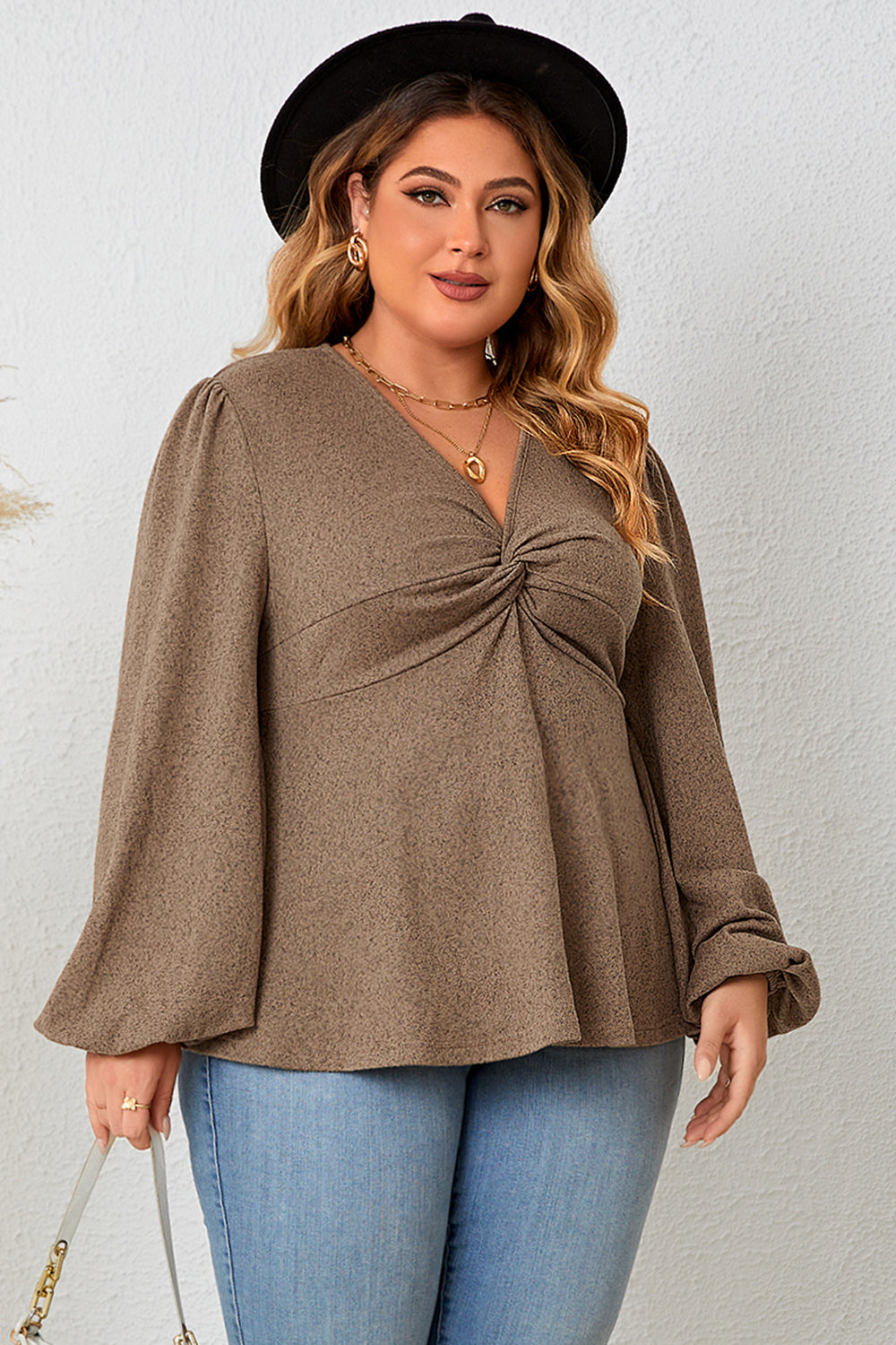 Plus Size Twist Front Balloon Sleeve Blouse