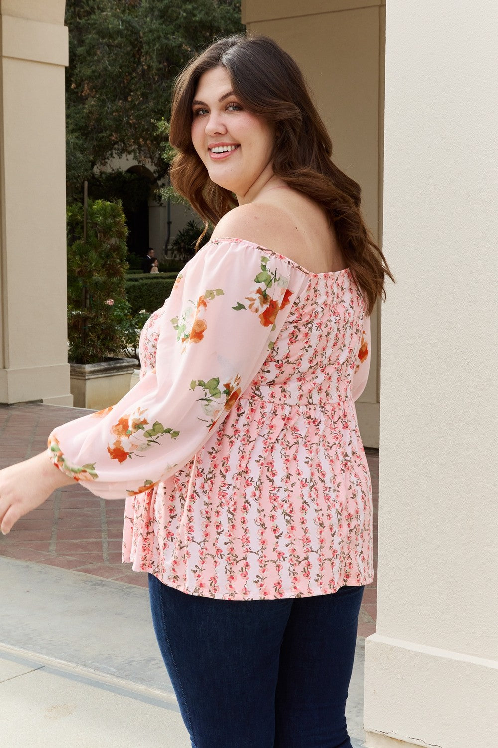 Full Size Floral Off-Shoulder Balloon Sleeve Blouse